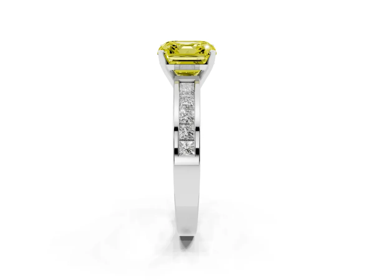 Fancy Yellow Asscher Cut Solitaire Diamond Ring with Channel-Set Band and Four-Prong Setting Silver