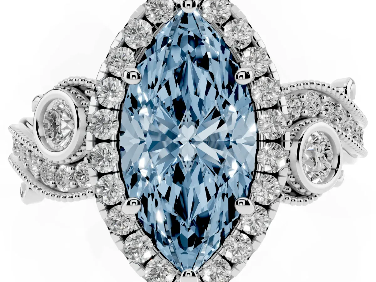 Fancy Blue Marquise Cut Halo Diamond Ring with Milgrain and Bezel Accents on a Split Shank Band White gold
