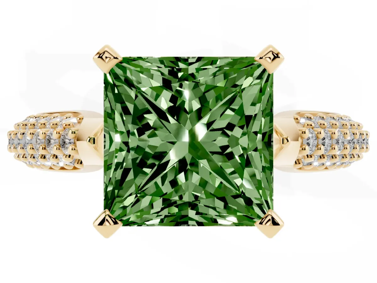 Fancy Green Princess Cut Diamond Solitaire Engagement Ring with Multi-Row Round Pavé Band and Prong Setting Yellow gold