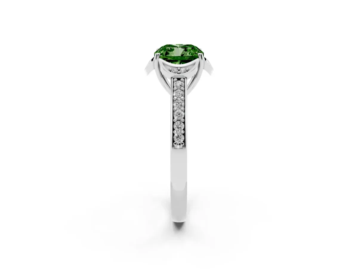 Fancy Green Cushion Cut Cut Halo Diamond Ring with Channel Set Band and Four-Prong Setting Platinum