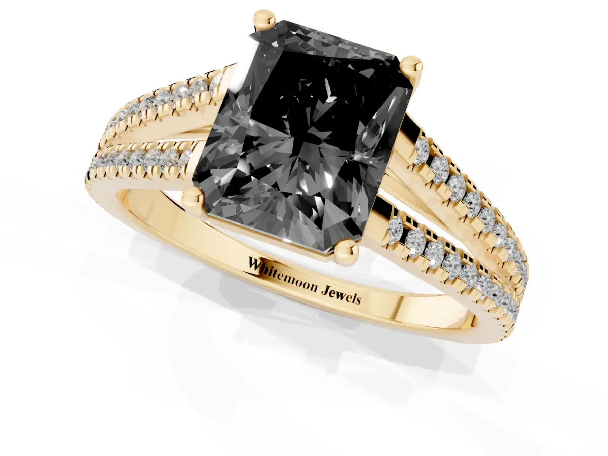 Fancy Black Radiant Cut Diamond Solitaire Engagement Ring with Split Shank Pavé Band Yellow gold