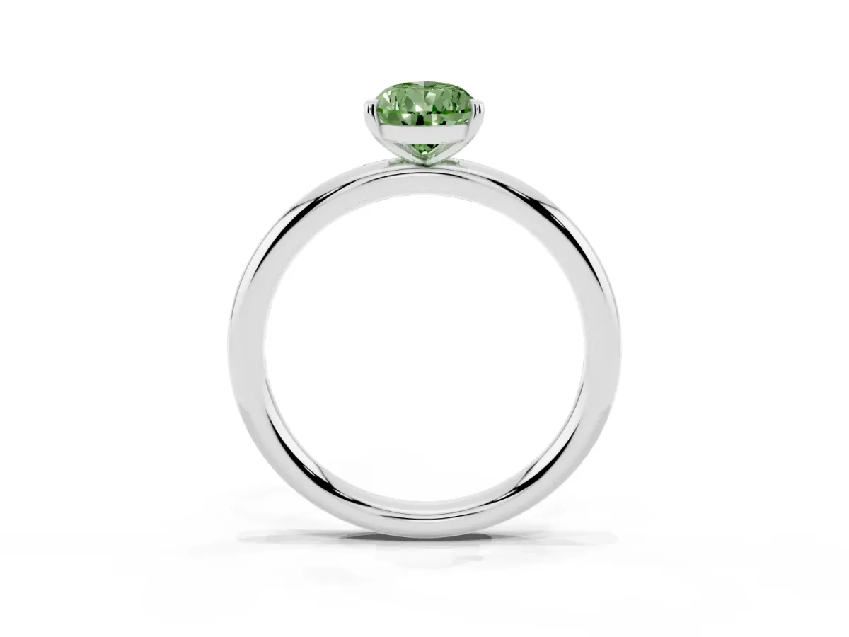 Fancy Green Pear Cut Solitaire Diamond Ring with Four-Prong Setting on a Plain Band Platinum