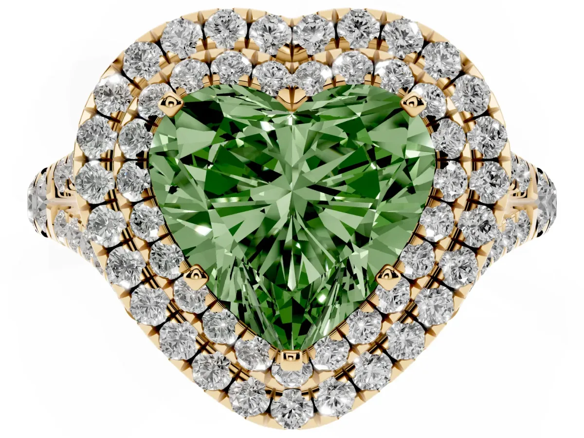 Fancy Green Heart Cut Cut Double Halo Split Shank Diamond Ring with Prong Setting Yellow gold