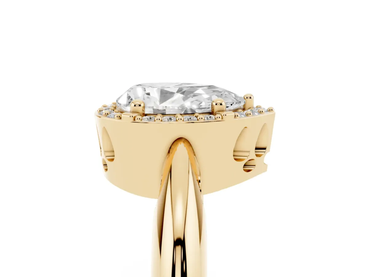 Pear Cut Cut Diamond Halo Engagement Ring with Split Shank and Four-Prong Setting Yellow gold