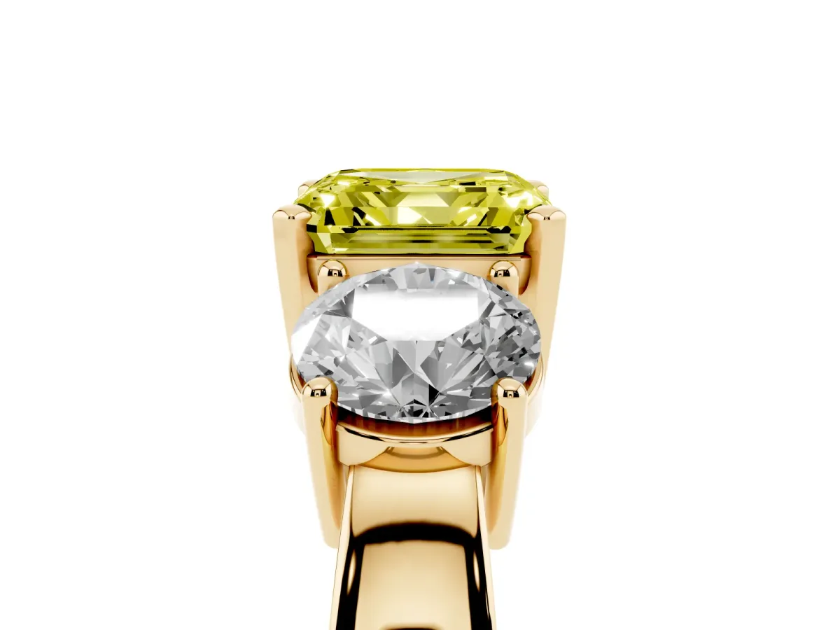 Fancy Yellow Three-Stone Asscher Cut Diamond Ring with Round Side Stones, Classic Band, and Four-Prong Setting Yellow gold