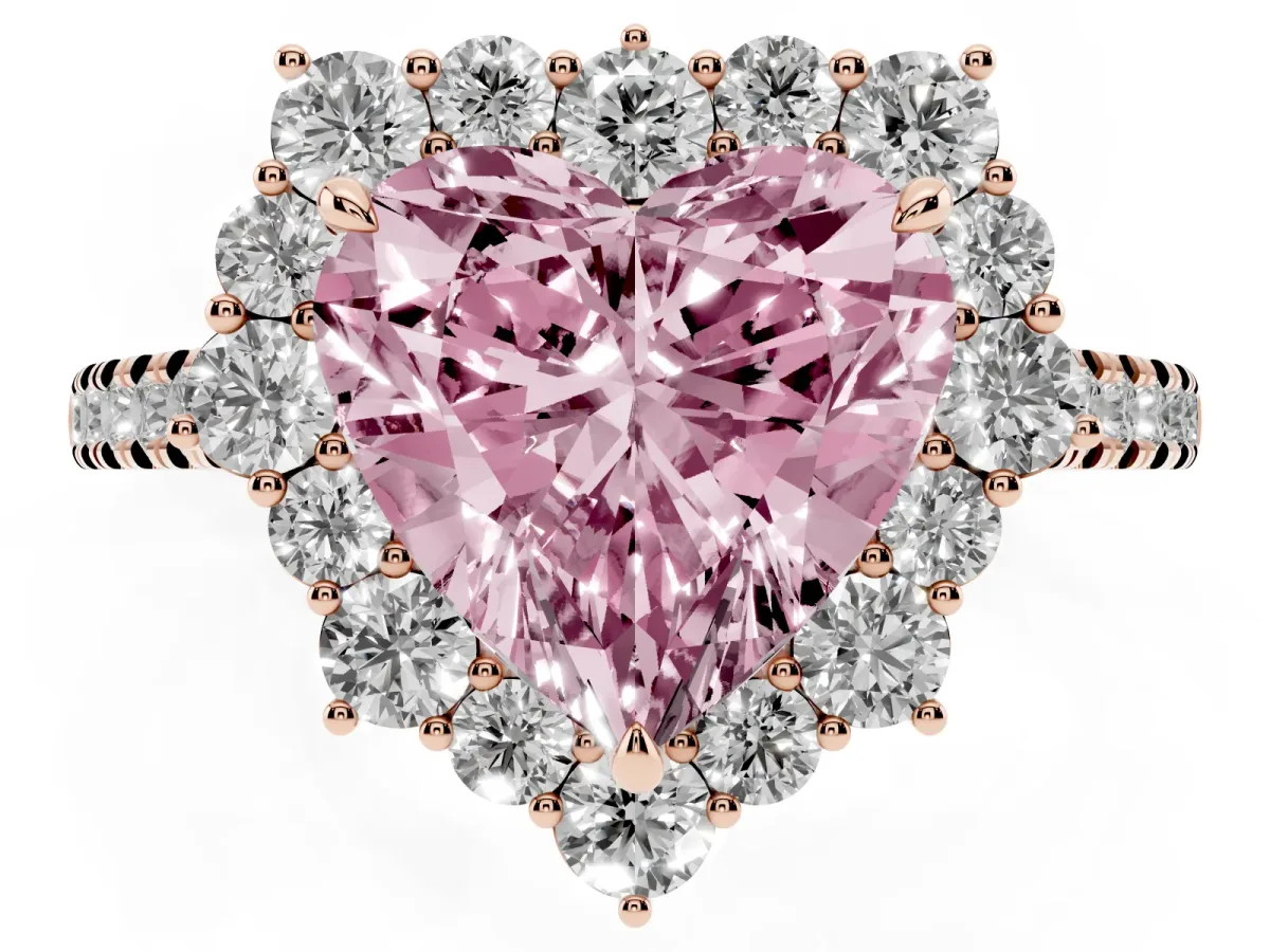 Fancy Pink Heart Cut Halo Diamond Ring with Pavé Band and Prong Setting Rose gold