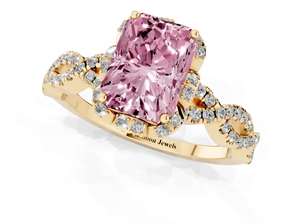 Fancy Pink Radiant Cut Halo Twist Band Solitaire Ring with Six-Prong Setting Yellow gold