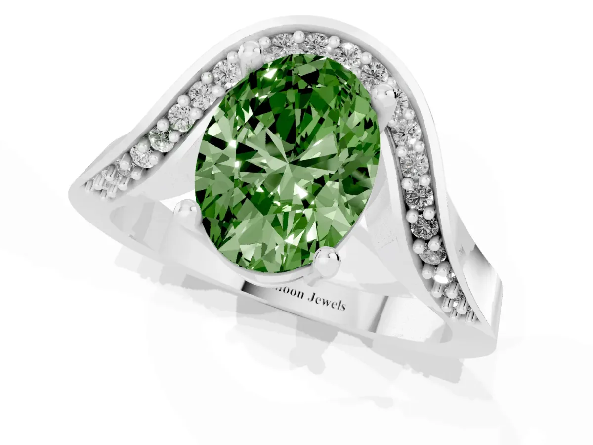 Fancy Green Oval Cut Solitaire Diamond Engagement Ring with Pave Band and Four-Prong Setting Platinum