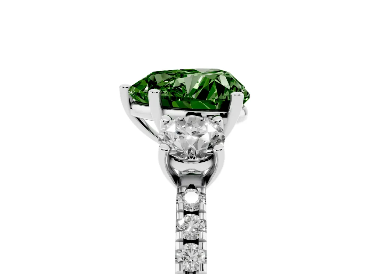 Fancy Green Three-Stone Heart Cut Cut Diamond Pavé Band with Prong Setting Silver
