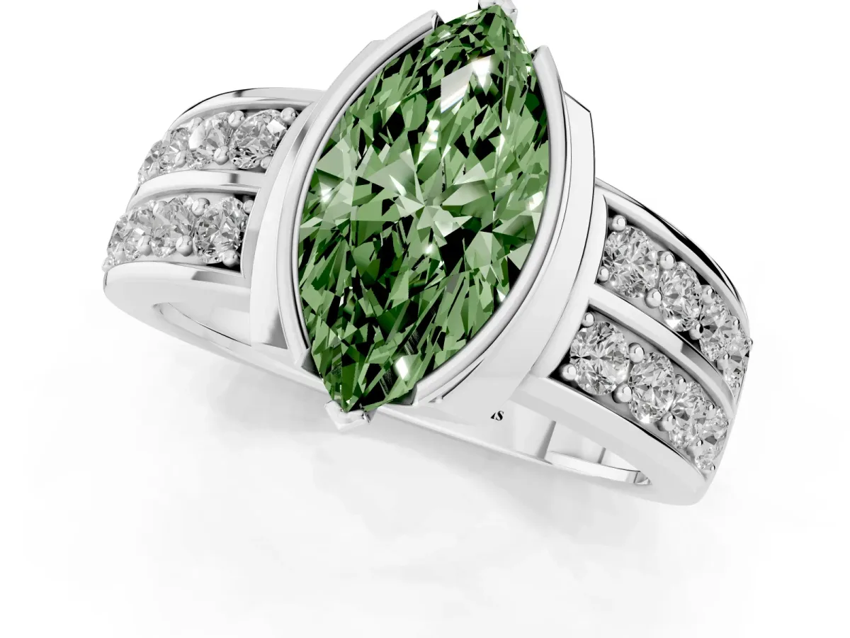Fancy Green Marquise Cut Brilliant Diamond Channel Set Wide Band Ring with Bezel Setting White gold