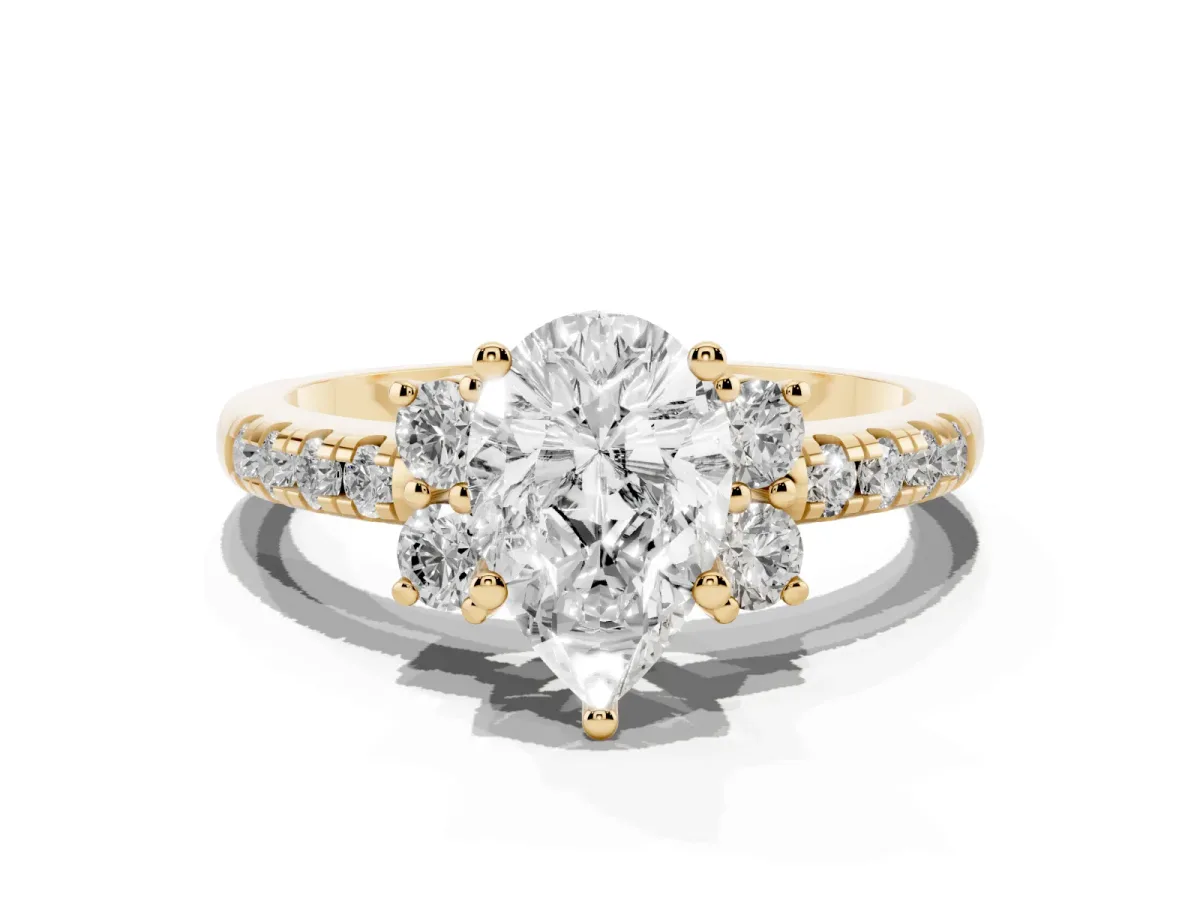Pear Cut Diamond Three-Stone Pave Band with Four-Prong Setting Yellow gold