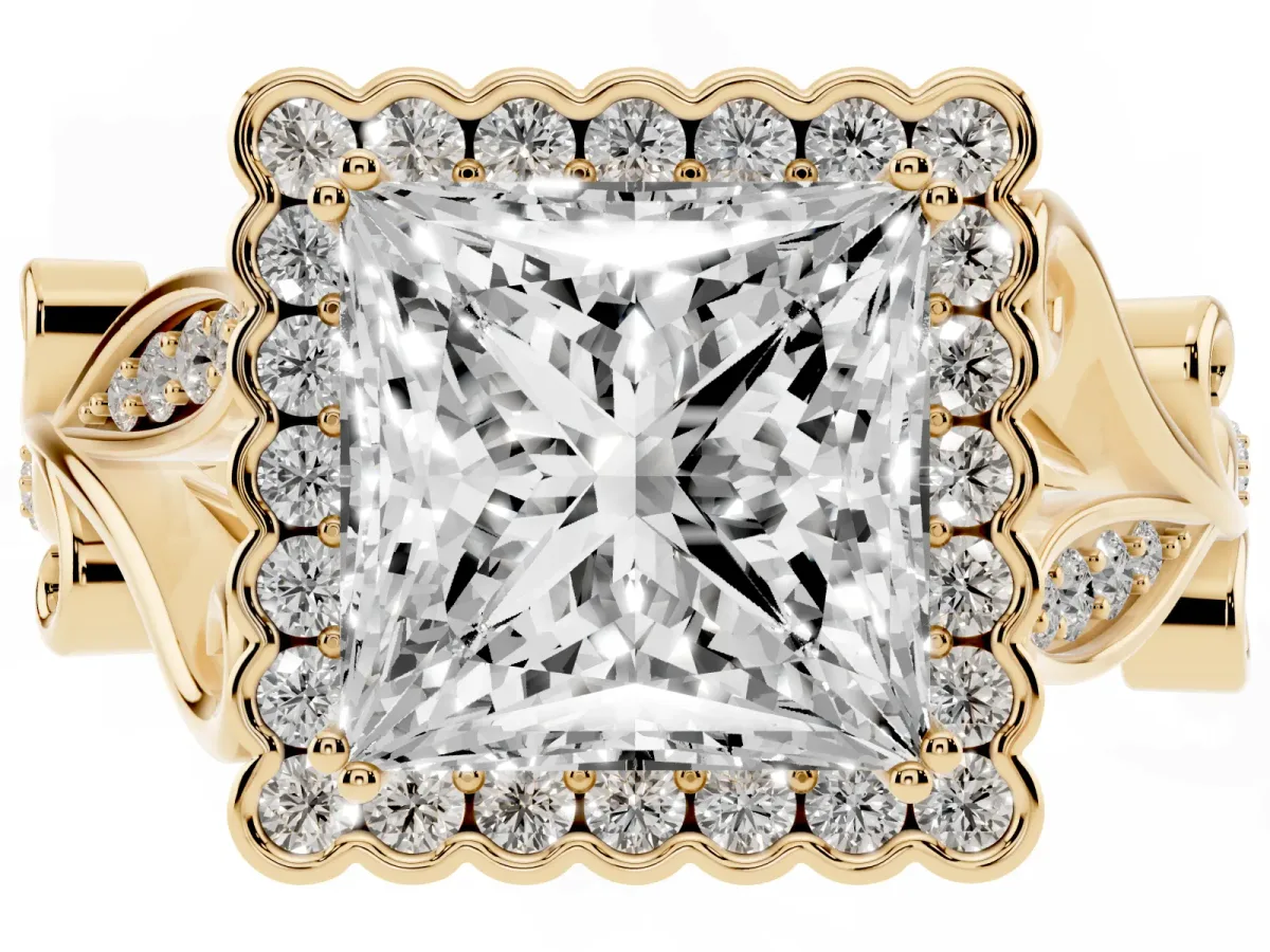 Princess Cut Diamond Halo Ring with Vintage Split Shank and Four-Prong Setting Yellow gold