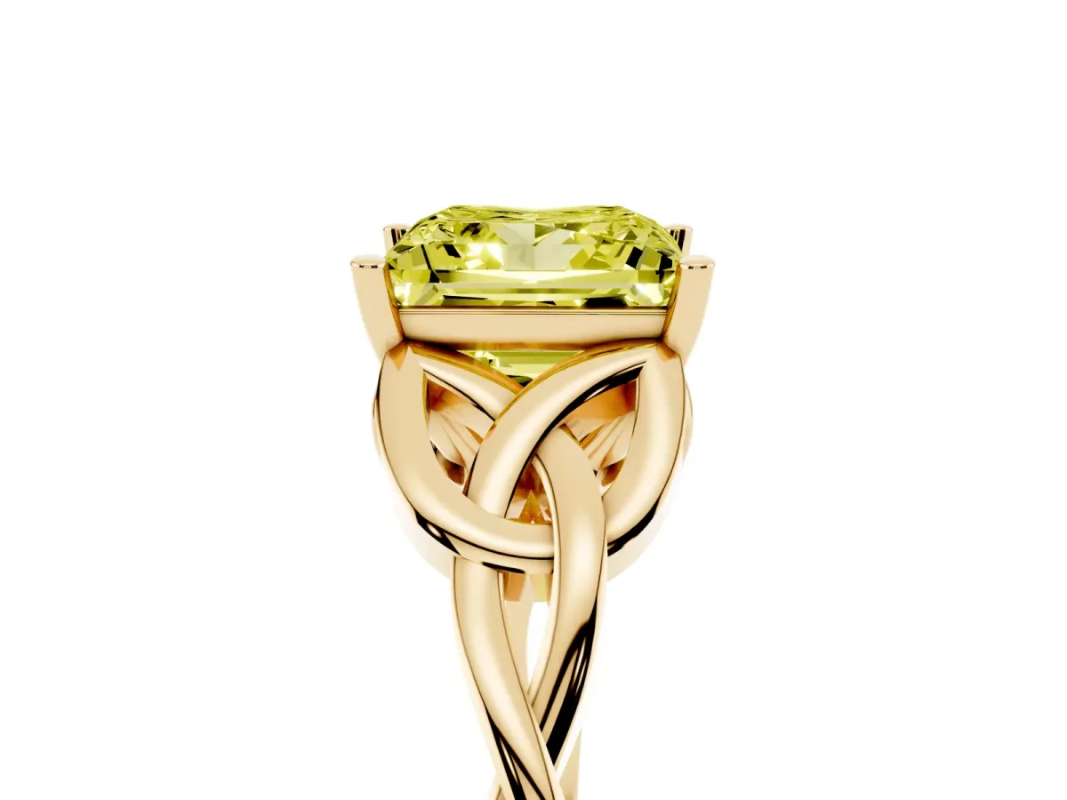 Fancy Yellow Princess Cut Diamond Solitaire Engagement Ring with Celtic Knot Band and Four-Prong Setting Yellow gold