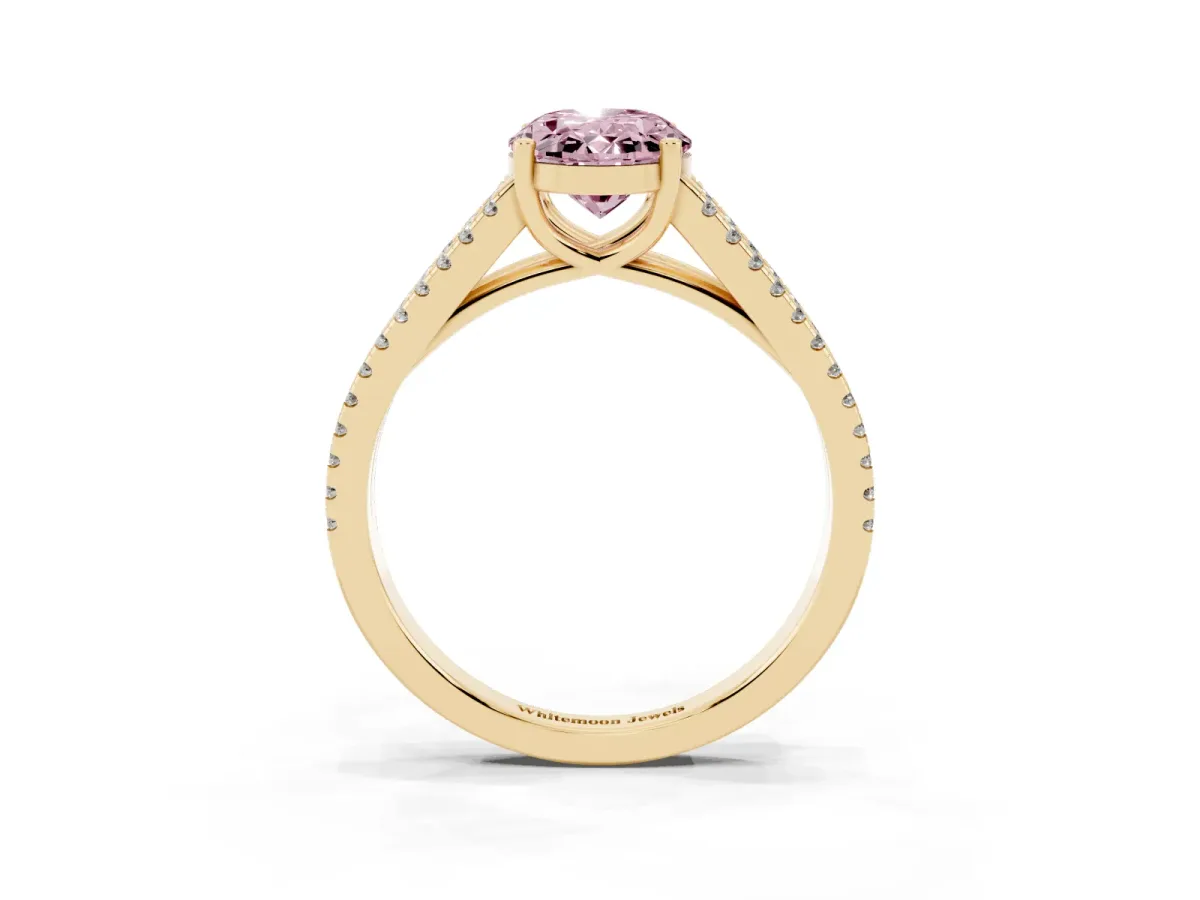 Fancy Pink Oval Cut Diamond Solitaire Engagement Ring with Split Shank Pavé Band Yellow gold