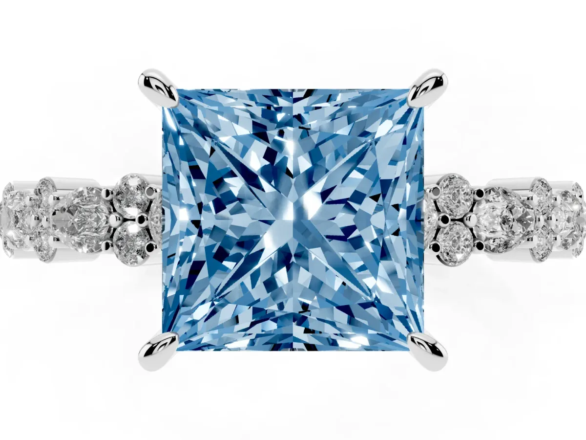 Fancy Blue Princess Cut Diamond Side Stone Solitaire Ring with Round and Four-Prong Setting Silver