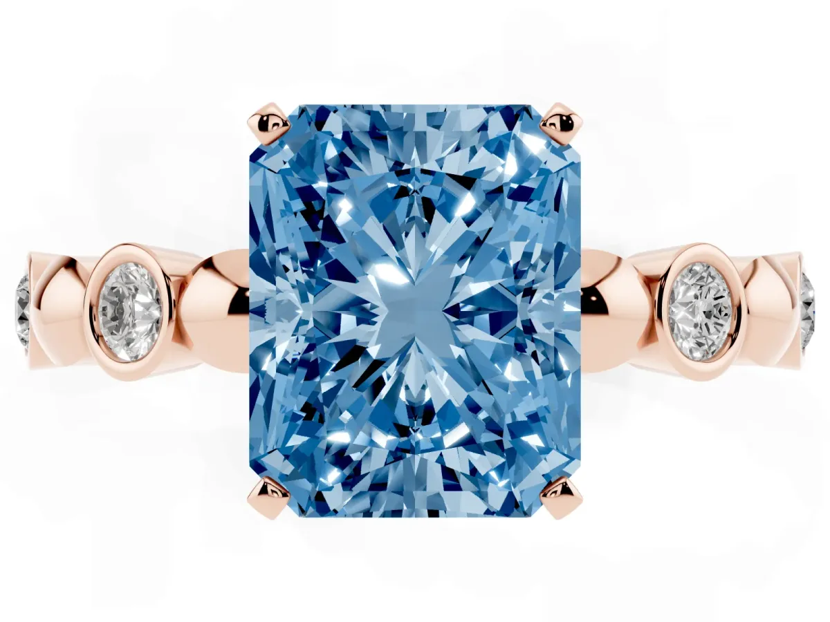 Fancy Blue Radiant Cut Solitaire Bezel-Set Diamond Ring with Beaded Band and Four-Prong Setting Rose gold