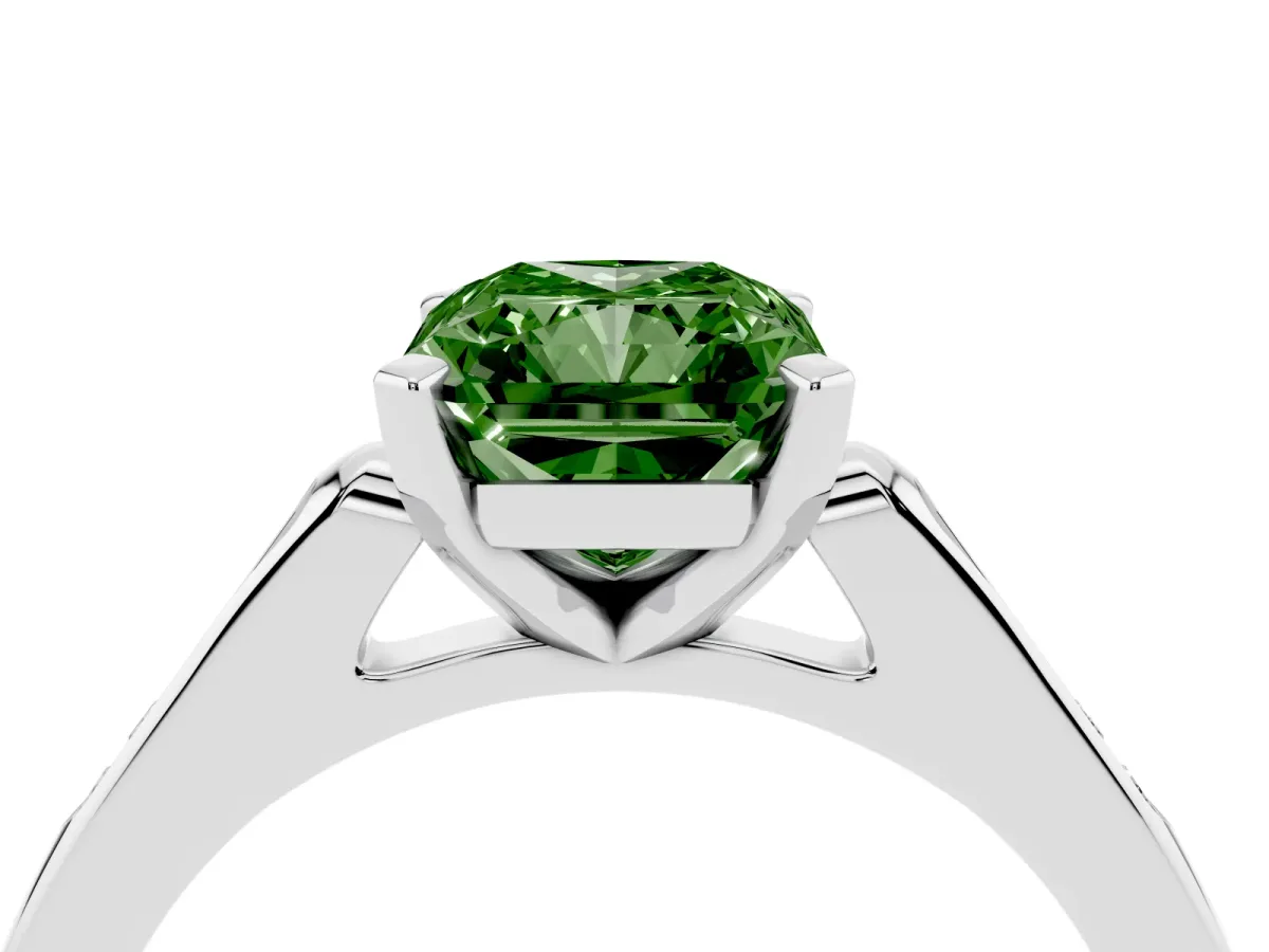 Fancy Green Radiant Cut Diamond Solitaire Ring with Channel Set Round Band and Prong Setting Platinum
