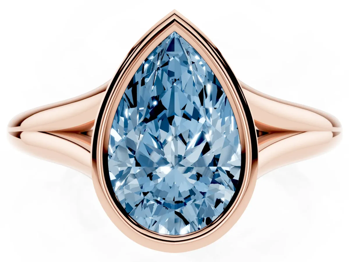 Fancy Blue Bezel Set Pear Cut Cut Solitaire Ring with Tapered Band Rose gold