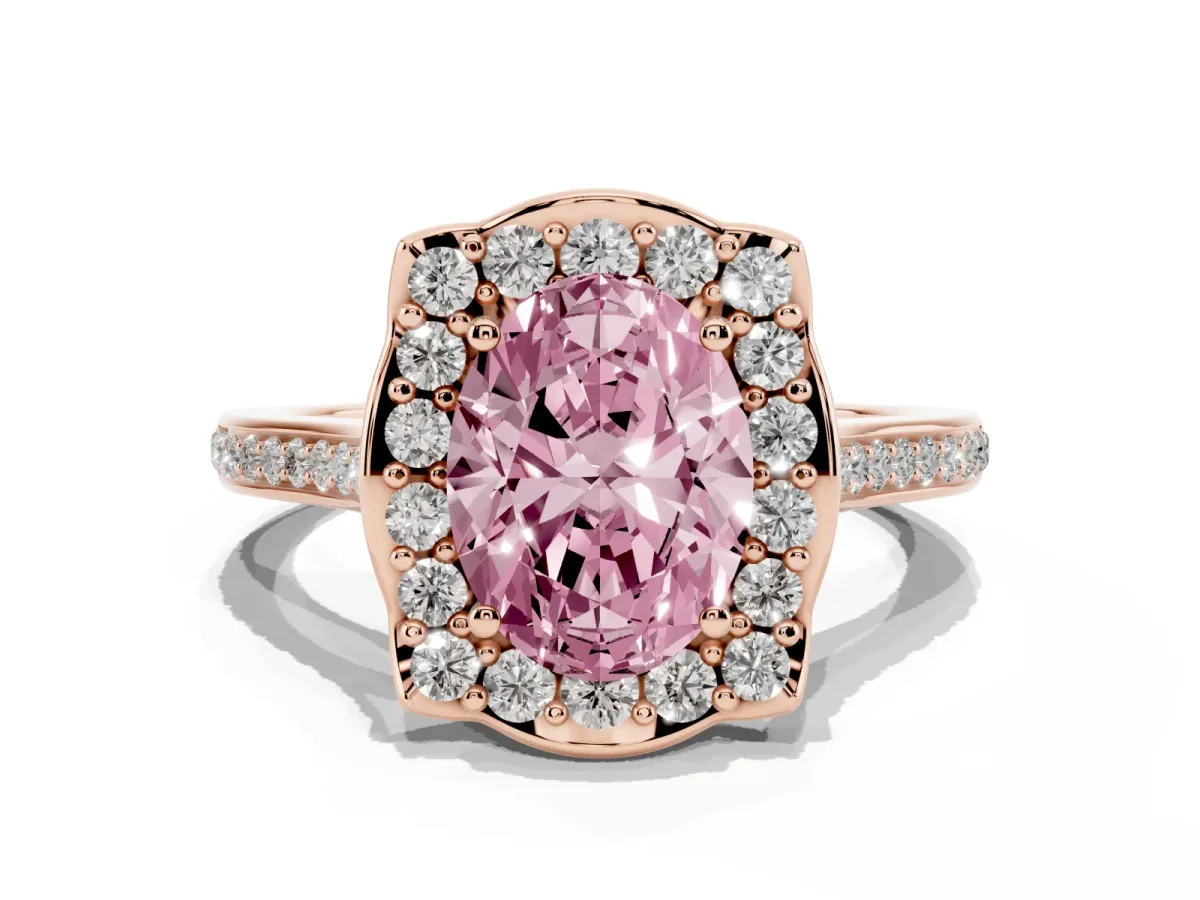 Fancy Pink Oval Cut Halo Round Diamond Pave Band with Four-Prong Setting Rose gold