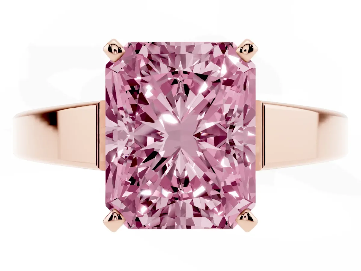Fancy Pink Radiant Cut Solitaire Engagement Ring with Four-Prong Setting and Tapered Band Rose gold