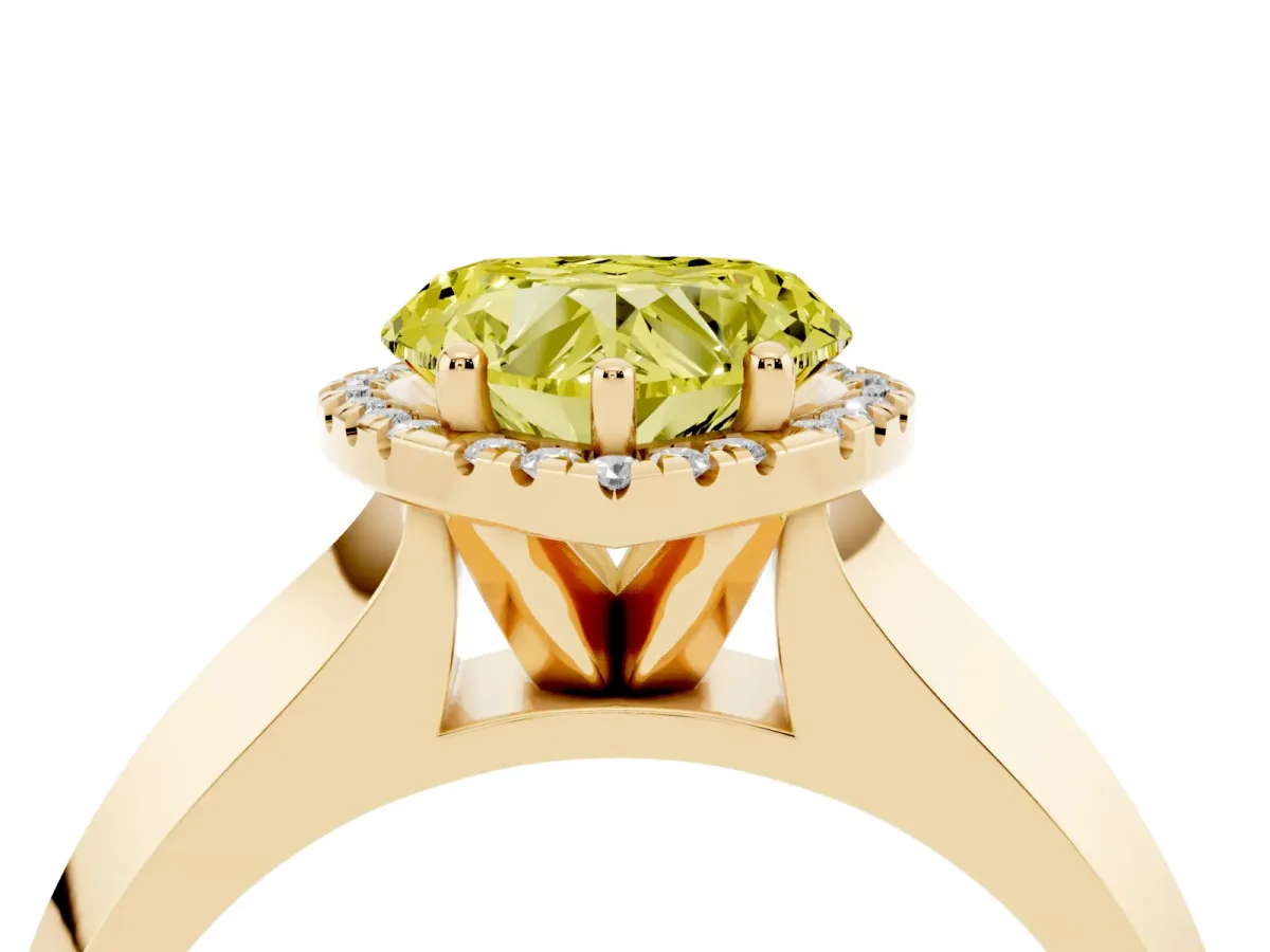 Fancy Yellow Heart Cut Halo Diamond Ring with Cathedral Band and Four-Prong Setting Yellow gold