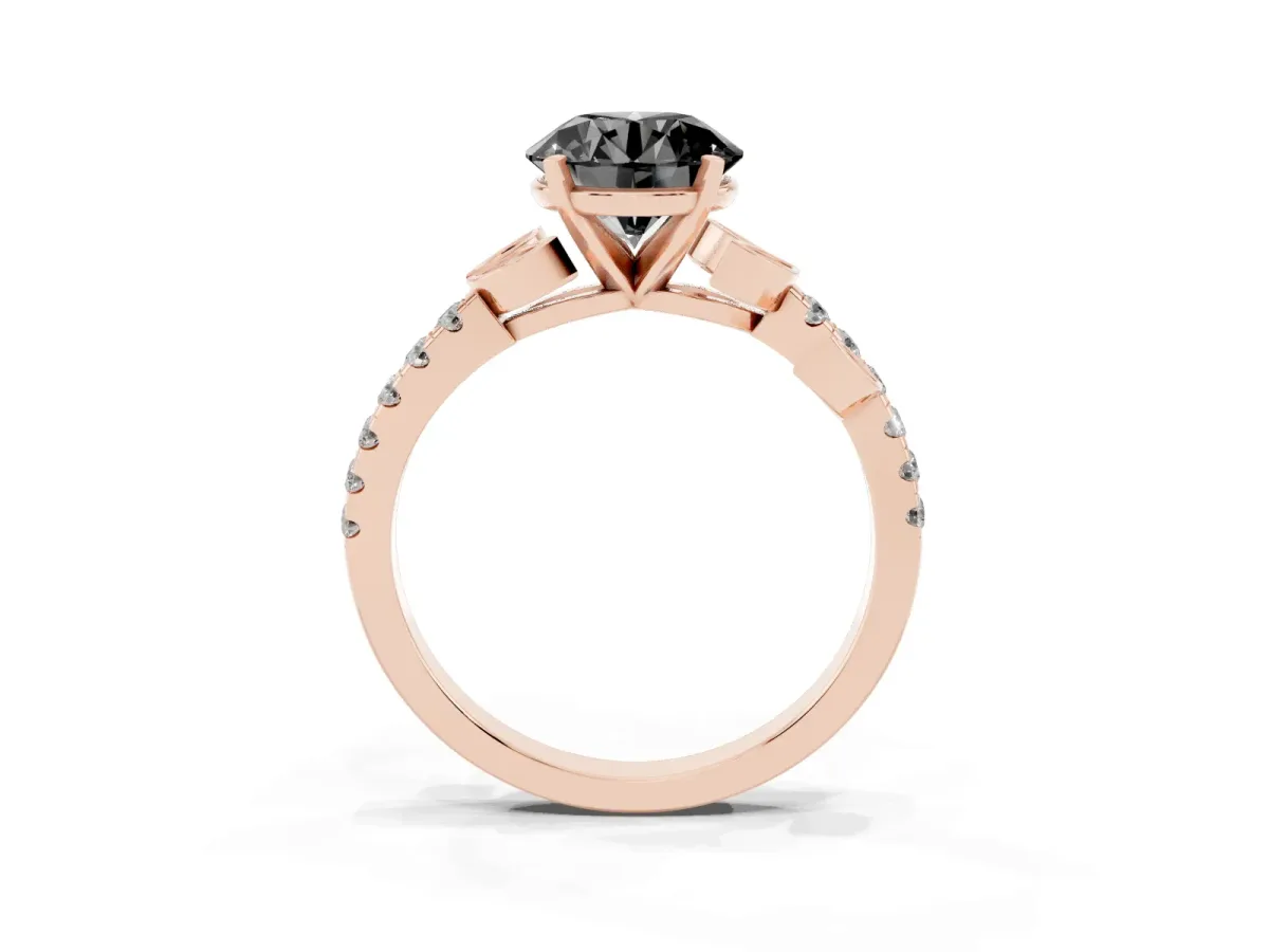 Fancy Black Round Cut Solitaire Leaf-Inspired Diamond Ring with Pavé Band and Four-Prong Setting Rose gold