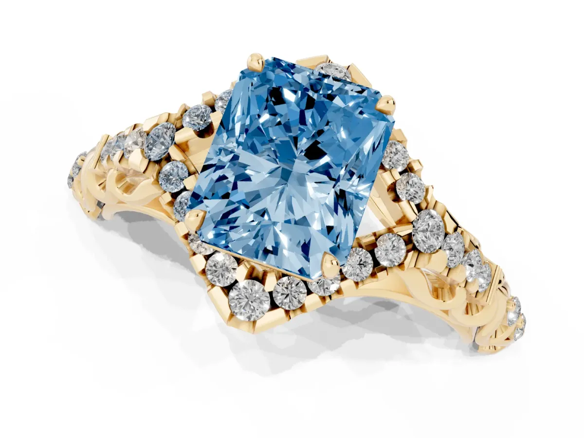 Fancy Blue Radiant Cut Diamond Solitaire Ring with Hidden Halo and Pavé Band Yellow gold