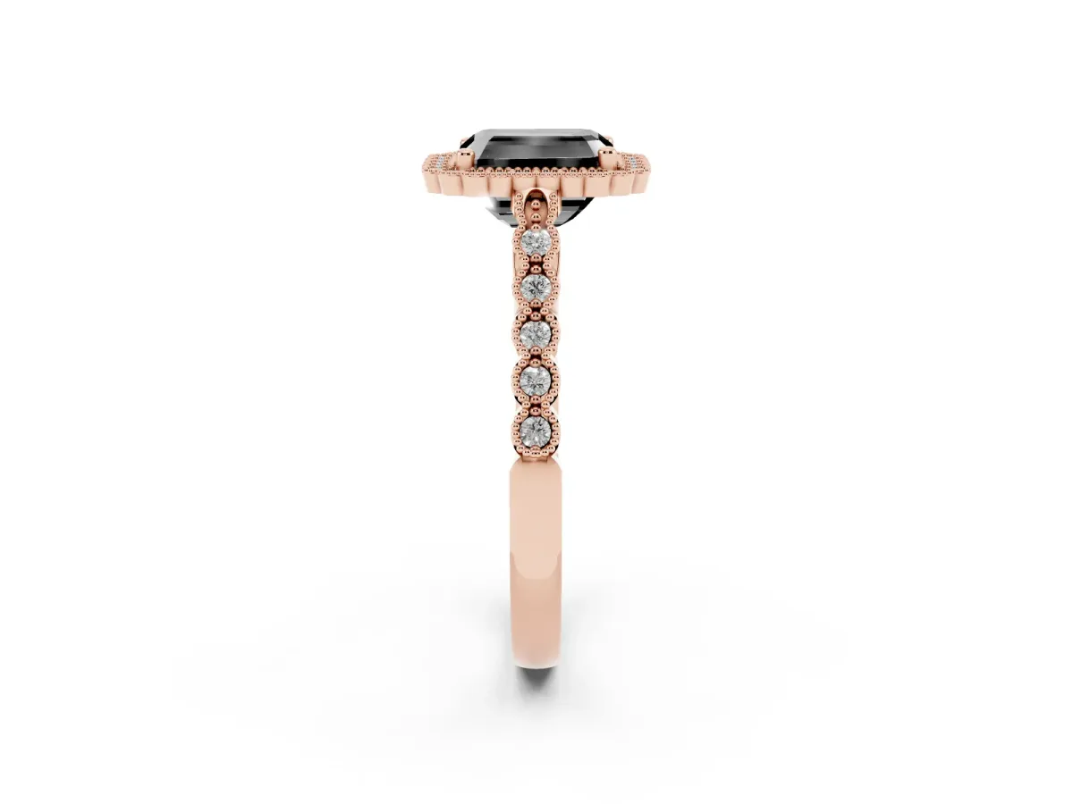 Fancy Black Radiant Cut Cut Halo Pavé Solitaire Ring with Milgrain Band Rose gold