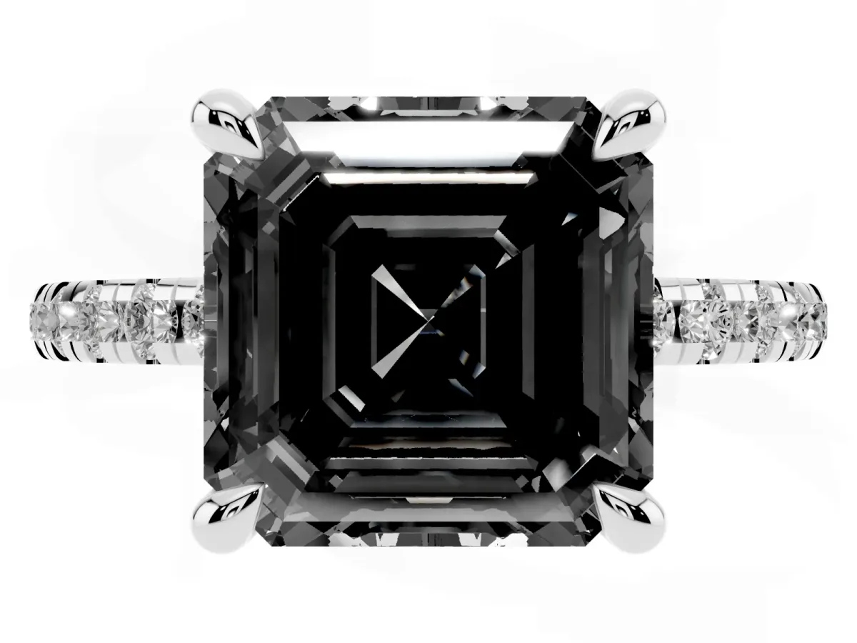 Fancy Black Asscher Cut Diamond Brilliant Solitaire Ring with Pavé Band and Four-Prong Setting Platinum