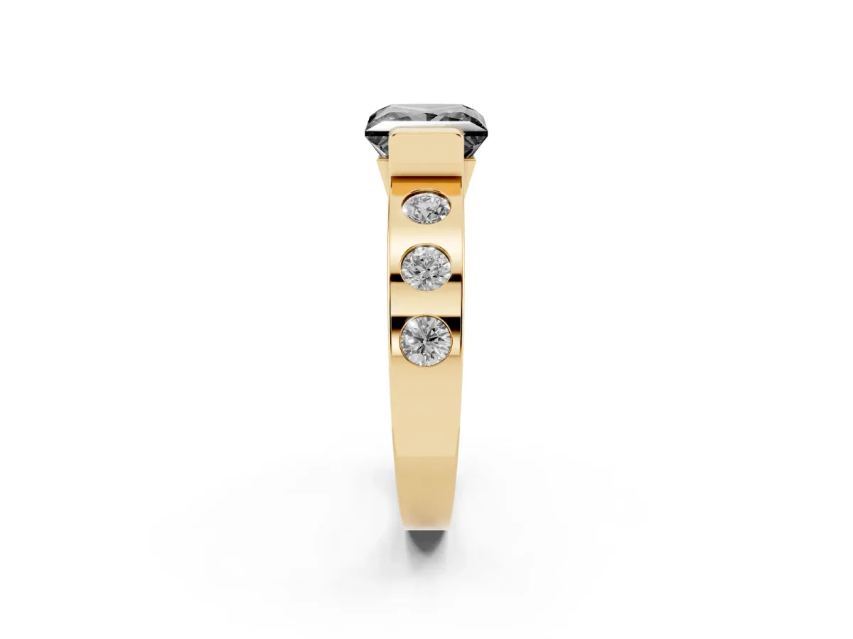 Fancy Black Princess Cut Brilliant Channel-Set Diamond Ring with Bezel Prong Setting Yellow gold