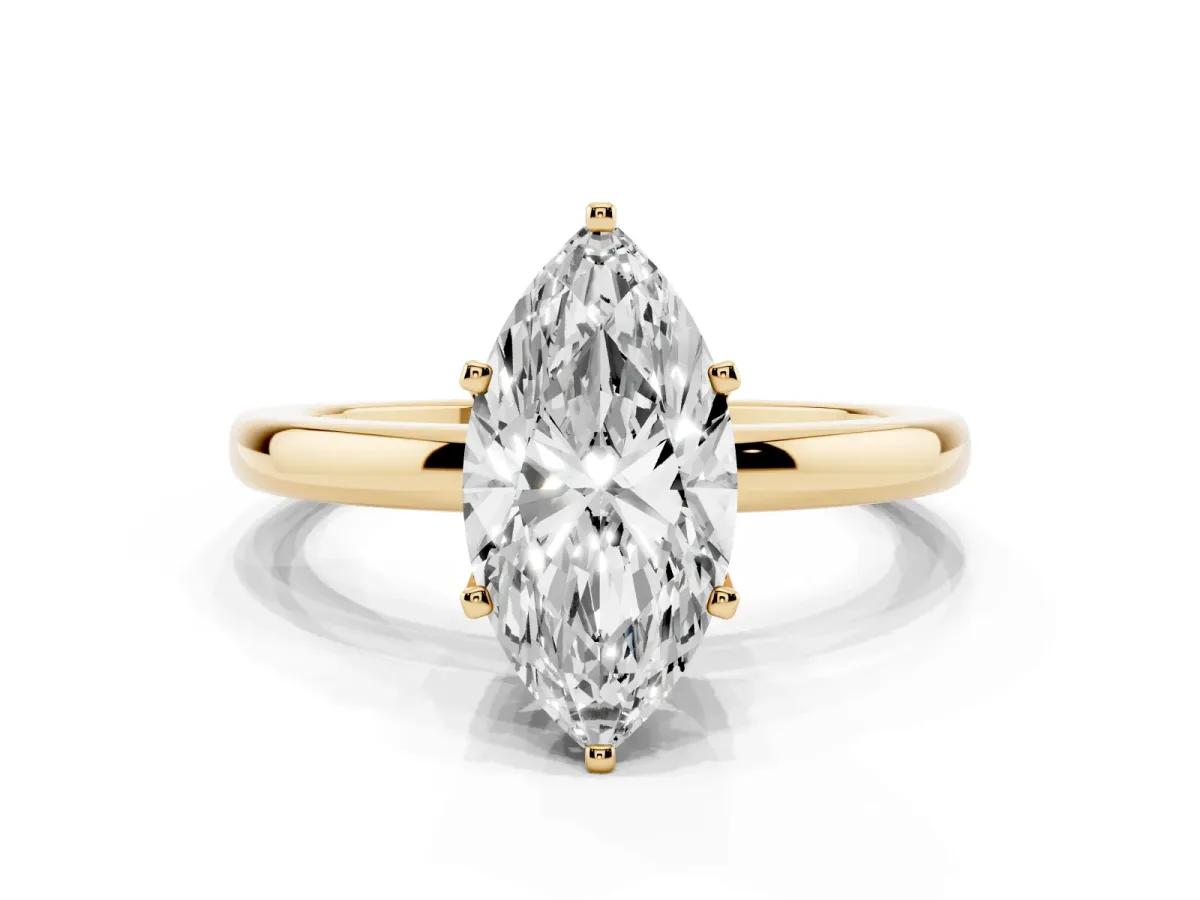 Marquise Cut Solitaire Diamond Ring with Six-Prong Setting on a Classic Band Yellow gold