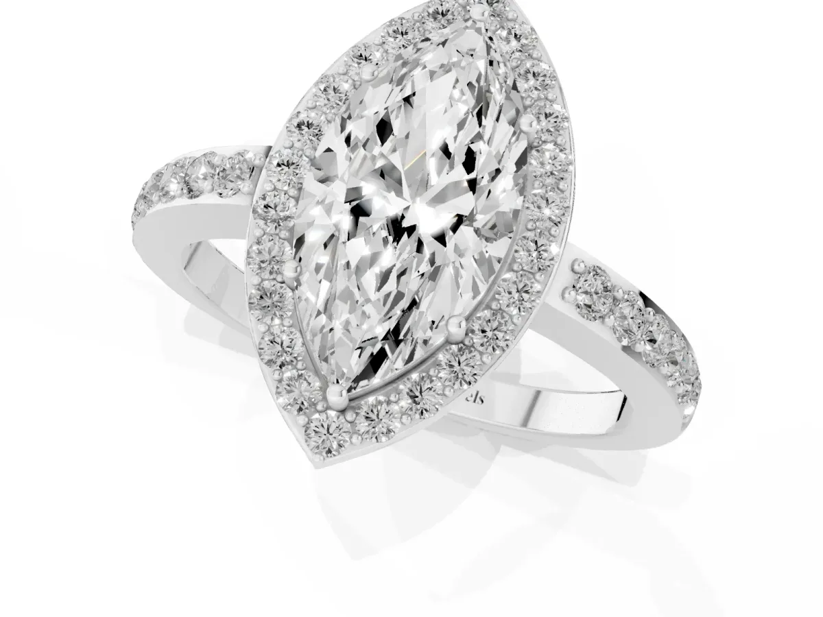 Marquise Cut Halo Diamond Pavé Band Ring with Prong Setting Silver