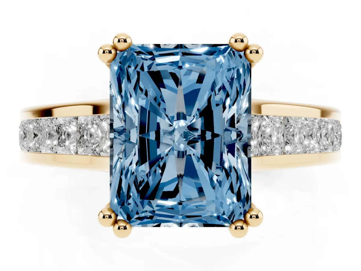 Fancy Blue Radiant Cut Cut Channel Set Solitaire Engagement Ring with Prong Setting Yellow gold