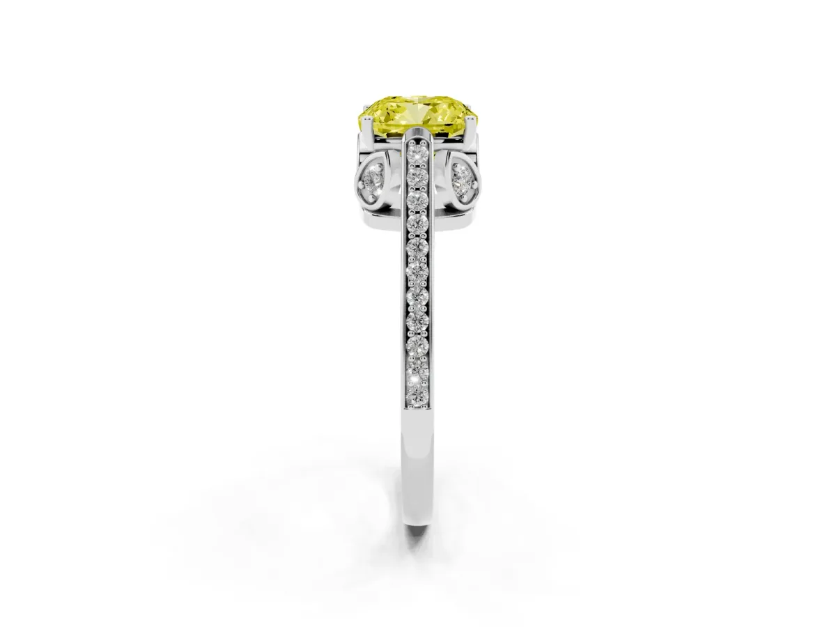 Fancy Yellow Cushion Cut Cut Cathedral Pave Diamond Engagement Ring with Six-Prong Setting Silver