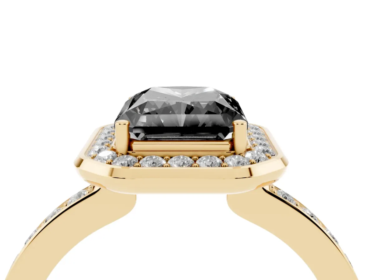 Fancy Black Radiant Cut Diamond Halo Ring with Bezel Frame and Pavé Band Yellow gold