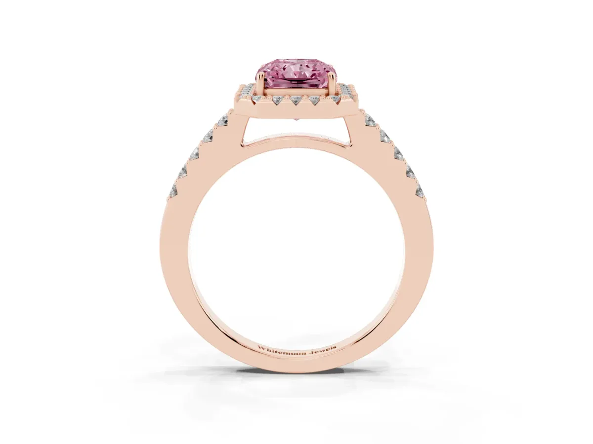 Fancy Pink Radiant Cut Halo Diamond Pavé Solitaire Ring Rose gold
