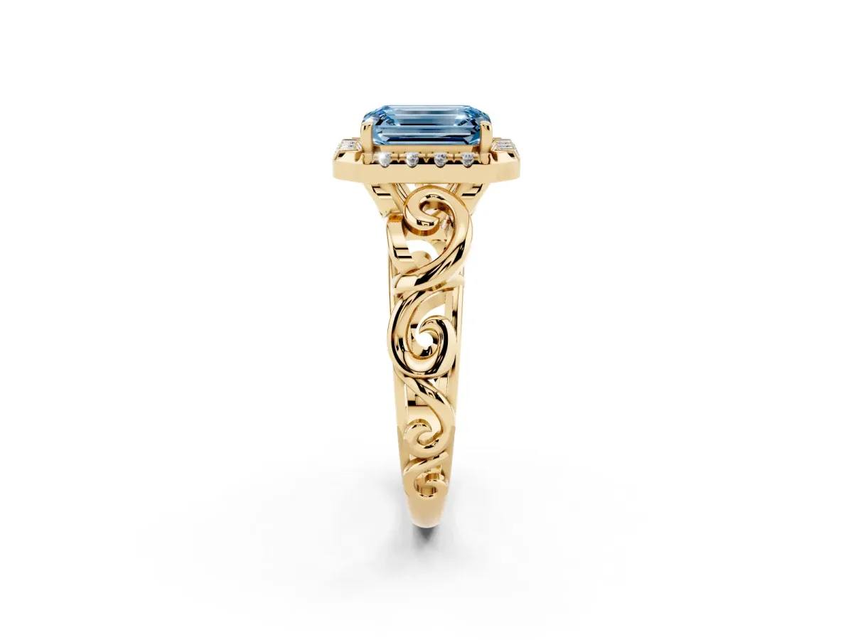 Fancy Blue Emerald Cut Cut Halo Diamond Ring with Scrollwork Band and Four-Prong Setting Yellow gold