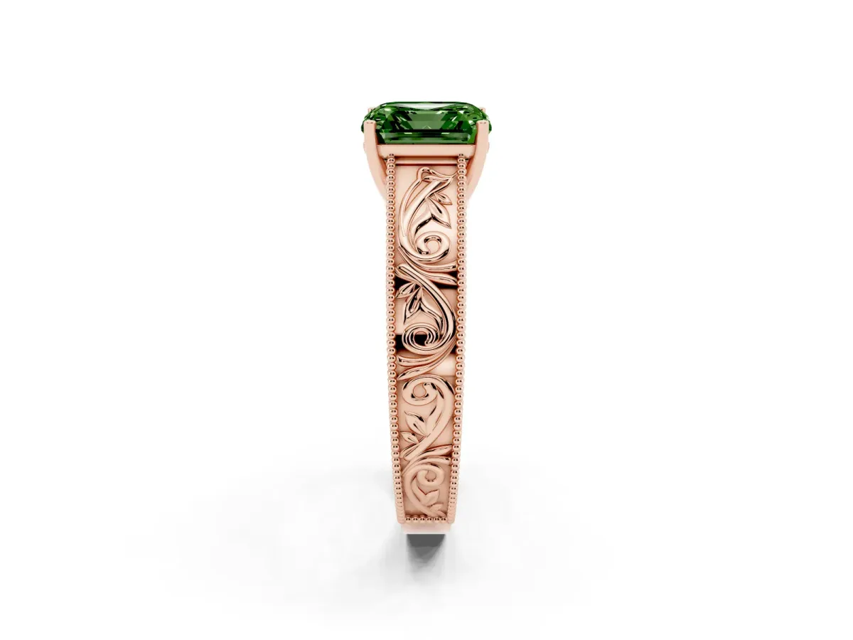 Fancy Green Asscher Cut Diamond Solitaire Ring with Engraved Band and Four-Prong Setting Rose gold