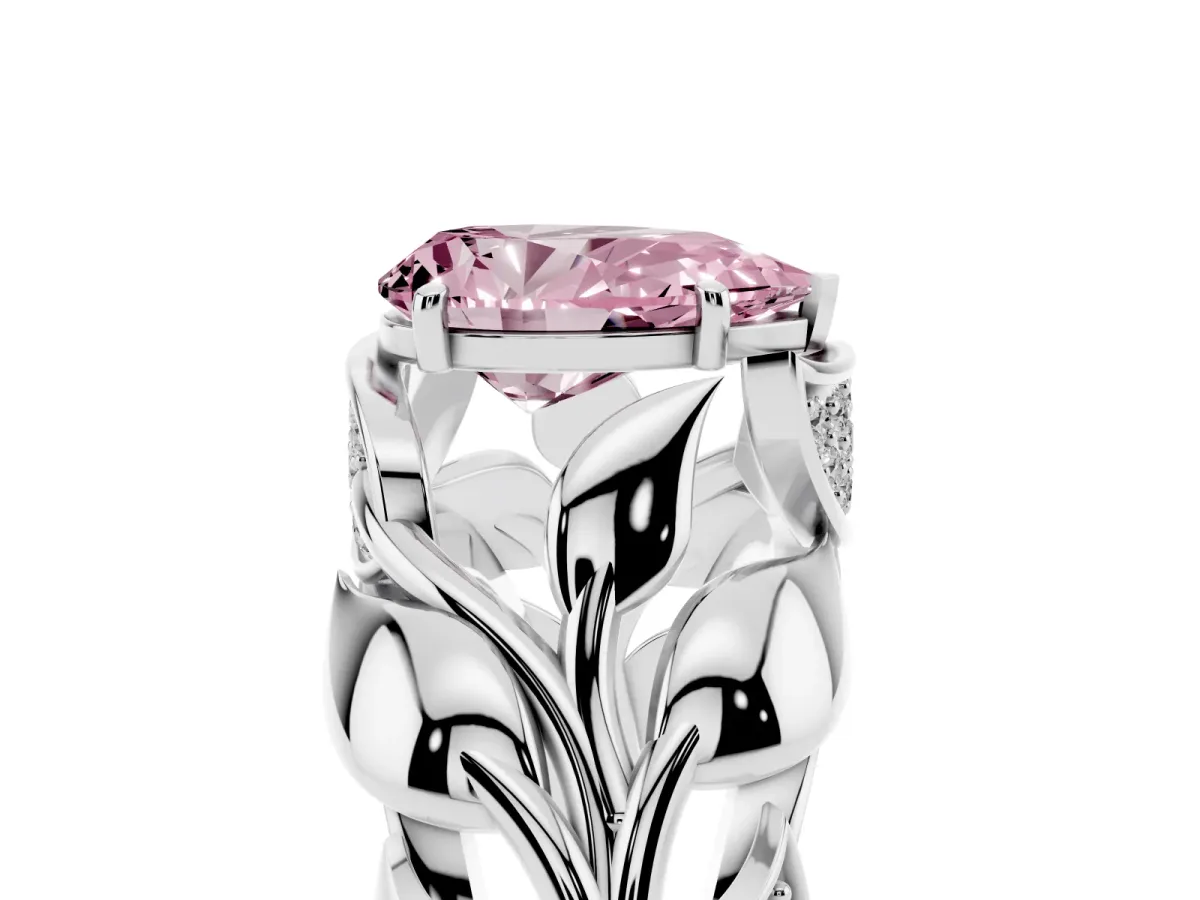 Fancy Pink Pear Cut Diamond Leaf-Inspired Engagement Ring with Round Accents and Prong Setting Platinum