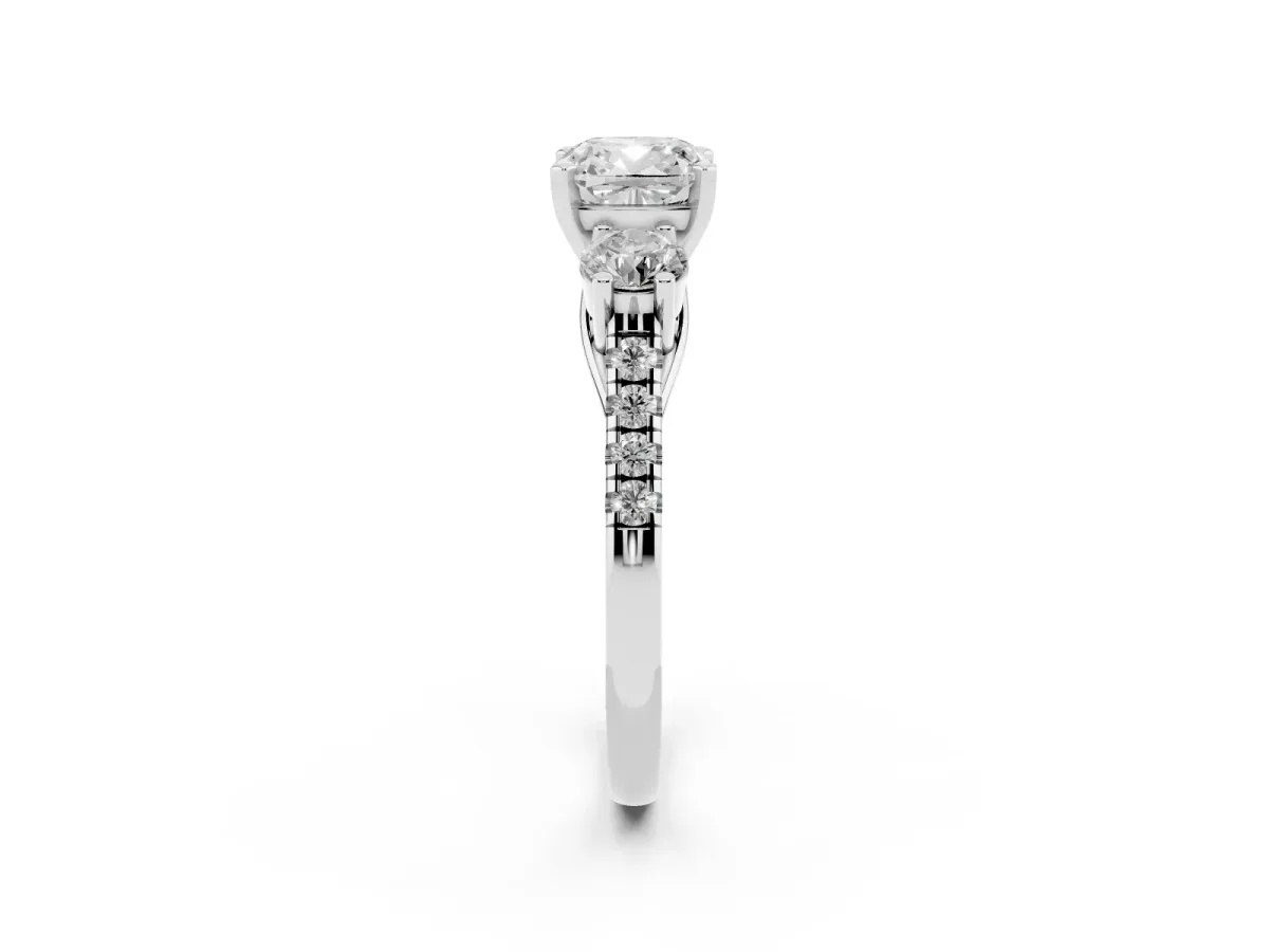 Three-Stone Cushion Cut Diamond Pavé Band with Four-Prong Setting Silver