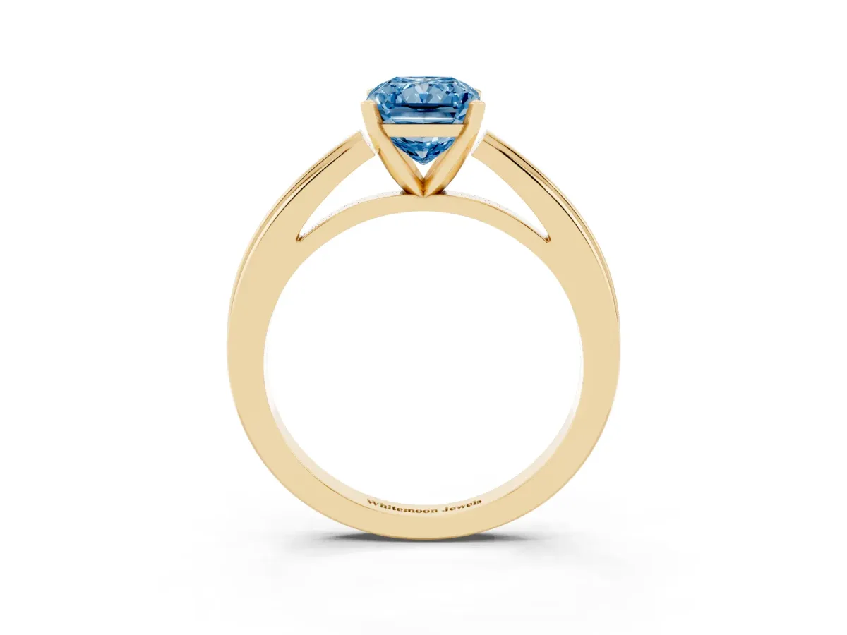 Fancy Blue Radiant Cut Solitaire Diamond Ring with Four-Prong Setting and Classic Band Yellow gold