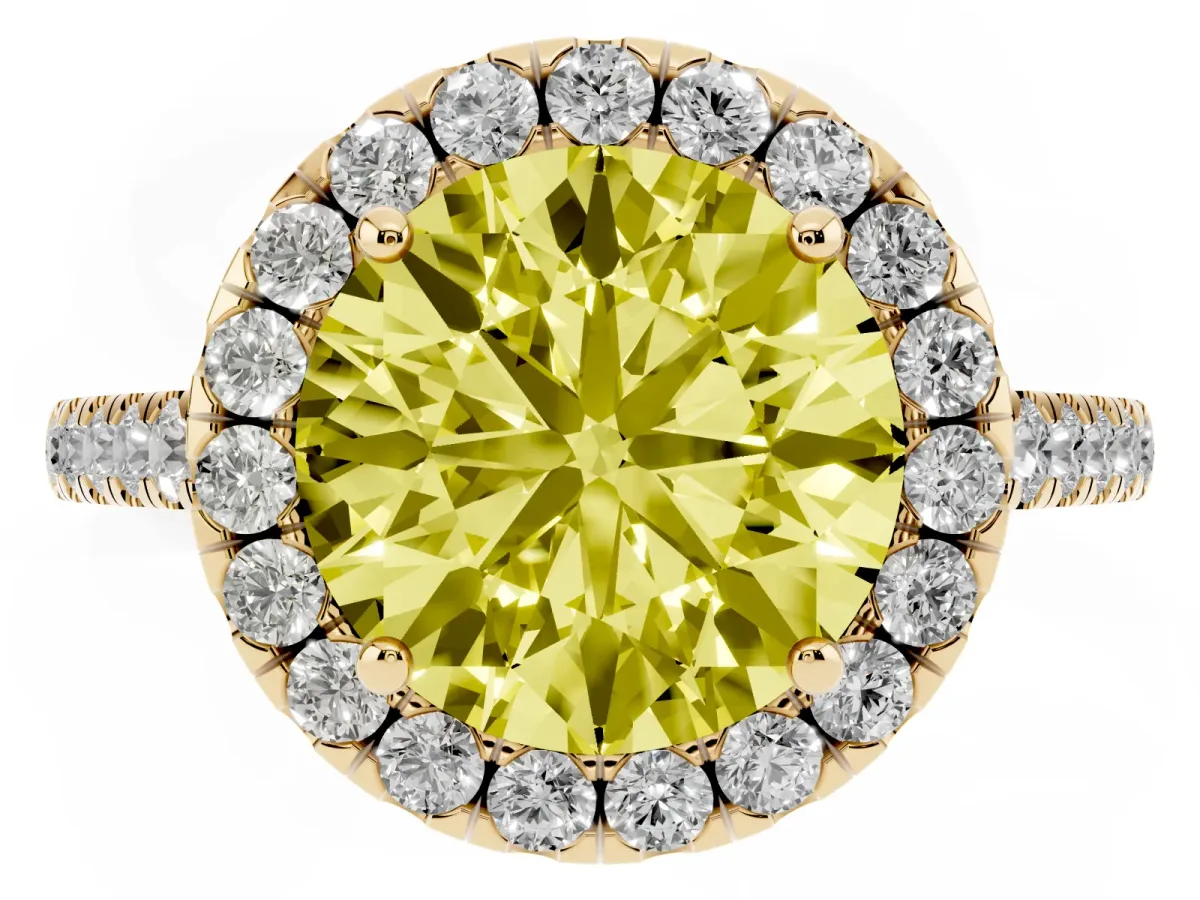Fancy Yellow Round Cut Halo Pave Diamond Engagement Ring with Four-Prong Setting Yellow gold