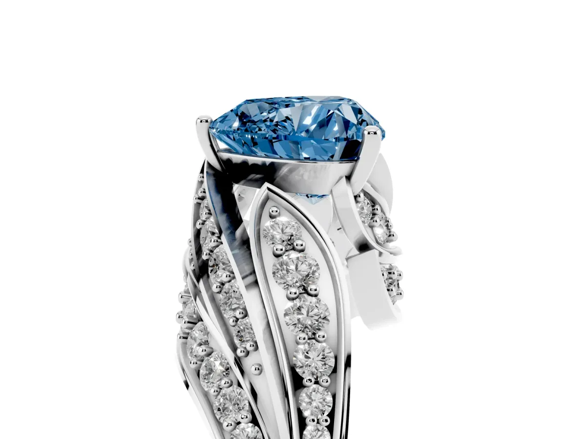 Fancy Blue Heart Cut Diamond Solitaire Ring with Prong Setting and Twisted Pavé Band Silver