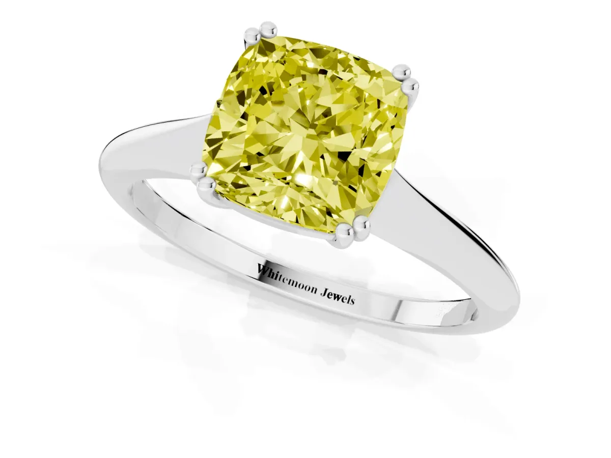 Fancy Yellow Cushion Cut Solitaire Diamond Ring with Six-Prong Setting and Classic Band Silver