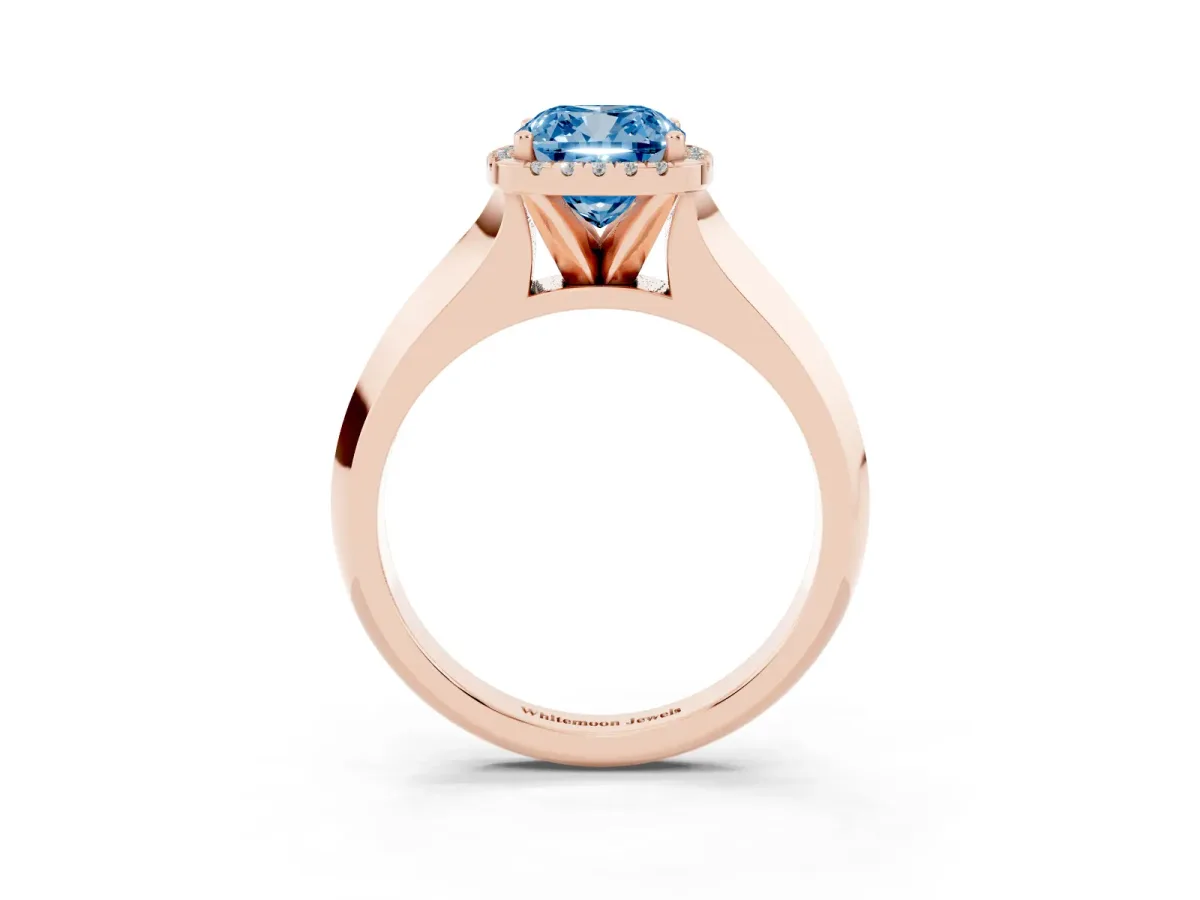 Fancy Blue Cushion Cut Halo Diamond Ring with Cathedral Band and Four-Prong Setting Rose gold