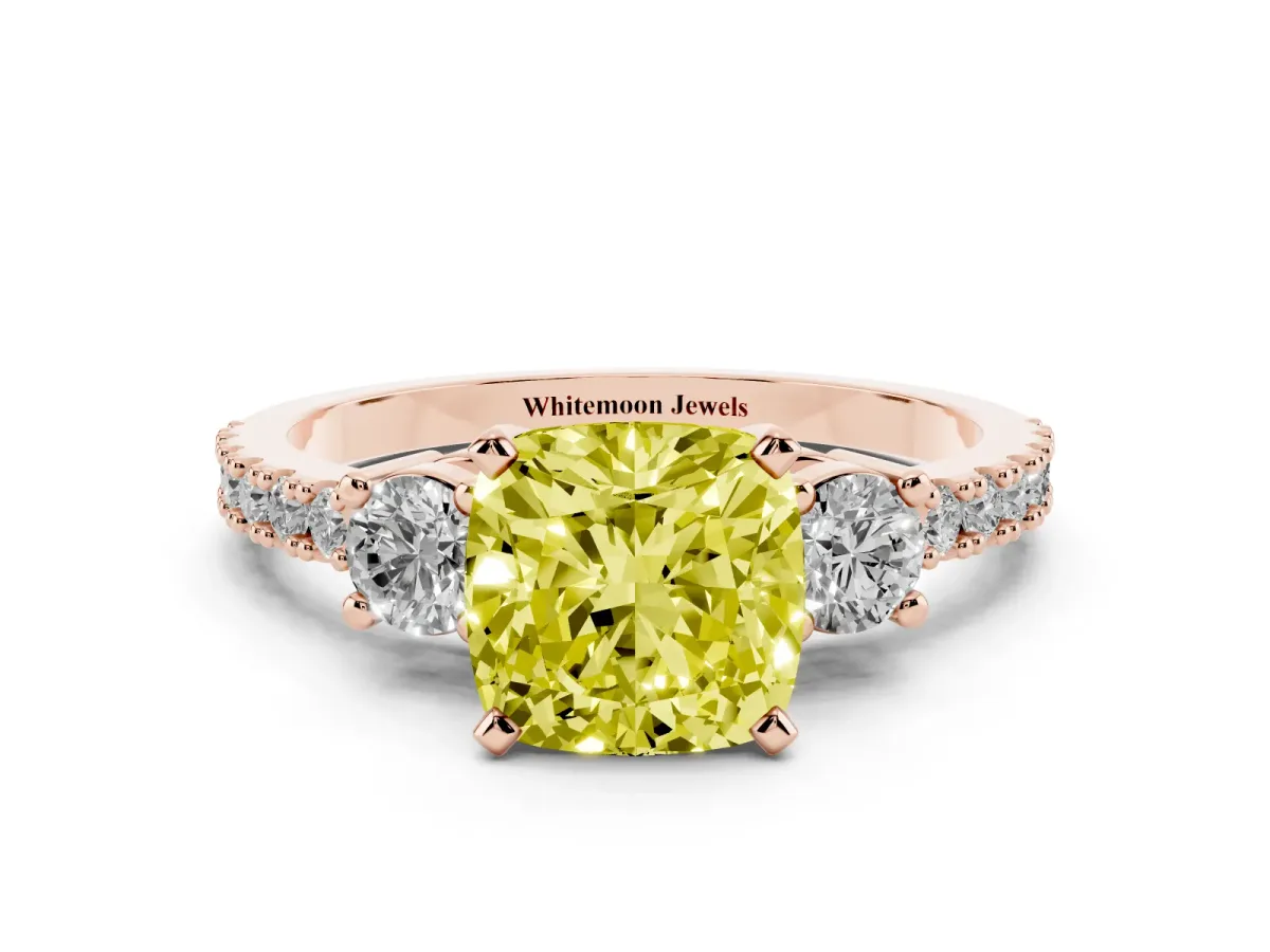 Fancy Yellow Cushion Cut Three-Stone Diamond Pavé Band with Prong Setting Rose gold