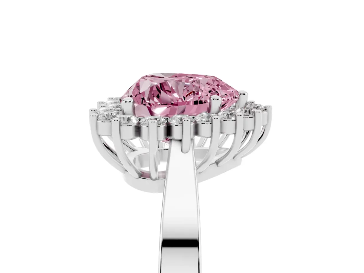 Fancy Pink Heart Cut Cut Diamond Halo Ring with Round Brilliant Halo and Solitaire Band Platinum