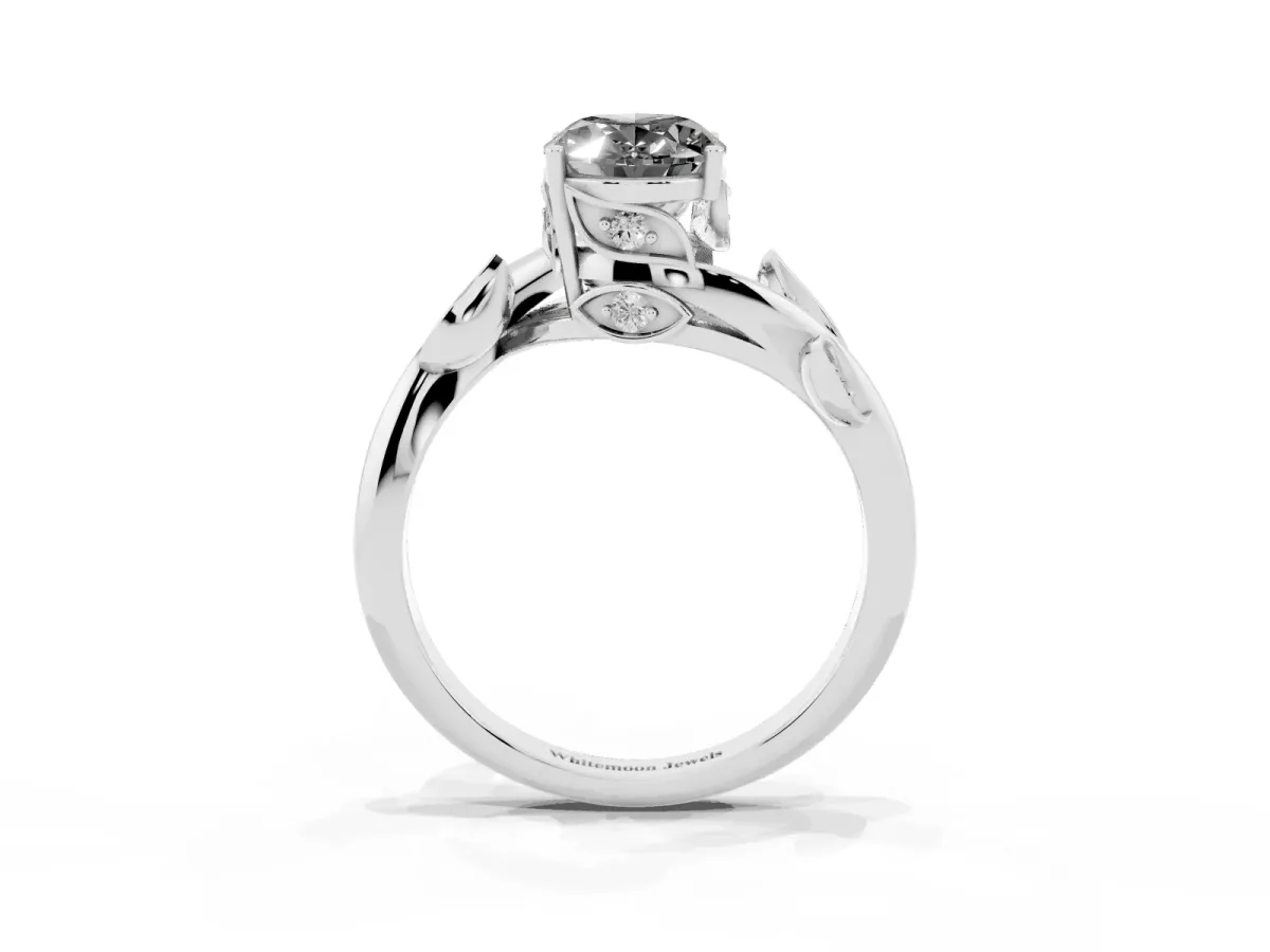 Fancy Black Oval Cut Solitaire Twist Engagement Ring with Leaf Accents and Prong Setting Silver