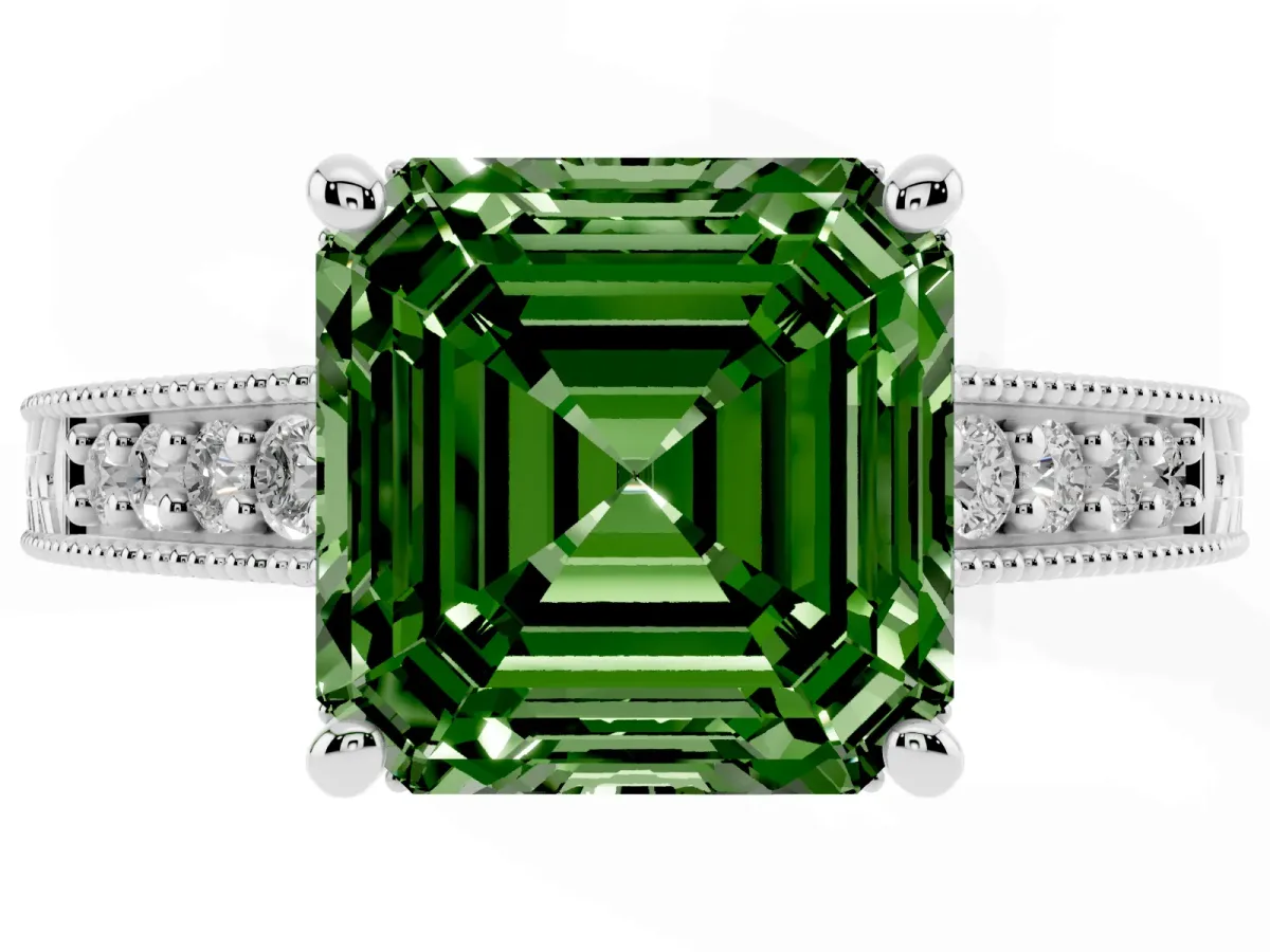 Fancy Green Asscher Cut Solitaire Pavé Diamond Milgrain Engagement Ring with Four-Prong Setting Silver