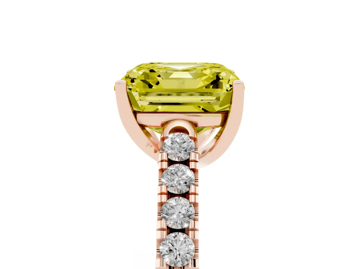 Fancy Yellow Asscher Cut Diamond Pavé Band Solitaire Ring with Prong Setting Rose gold